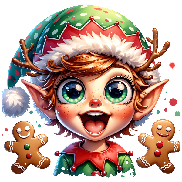 A cheerful elf with big eyes and colorful festive attire, surrounded by gingerbread cookies, exudes joyful holiday spirit.DTF Transfers dtf transfers