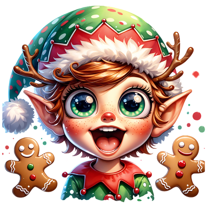 A cheerful elf with big eyes and colorful festive attire, surrounded by gingerbread cookies, exudes joyful holiday spirit.DTF Transfers dtf transfers