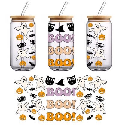Un diseño festivo de Halloween con fantasmas divertidos, calabazas espeluznantes y un texto llamativo "¡BUUU!" en colores vibrantes. Transferencias UV