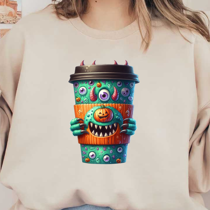 ¡Esta divertida taza de café presenta un diseño de monstruo con colores brillantes, ojos divertidos y una calabaza alegre, perfecta para Halloween!