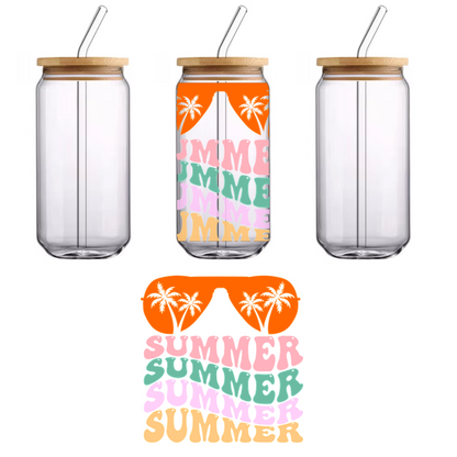 Playful sunglasses graphic with colorful "SUMMER" text and palm trees, capturing the essence of a fun, vibrant summer vibe.UV Transfers heat press transfers