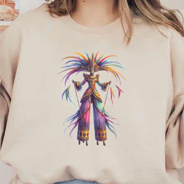 A vibrant, colorful character adorned with a stunning feathered headdress and intricate costume featuring flowing fabrics and sparkling embellishments.DTF Transfers