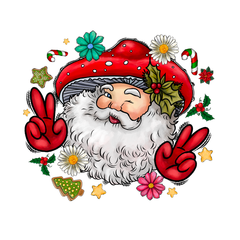 A whimsical Santa with a mushroom hat, winking and surrounded by festive flowers, candy canes, and holiday decorations.DTF Transfers dtf transfers