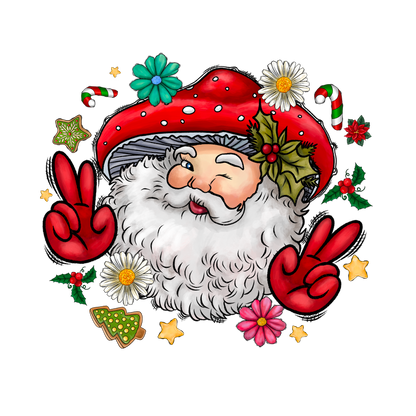 A whimsical Santa with a mushroom hat, winking and surrounded by festive flowers, candy canes, and holiday decorations.DTF Transfers dtf transfers