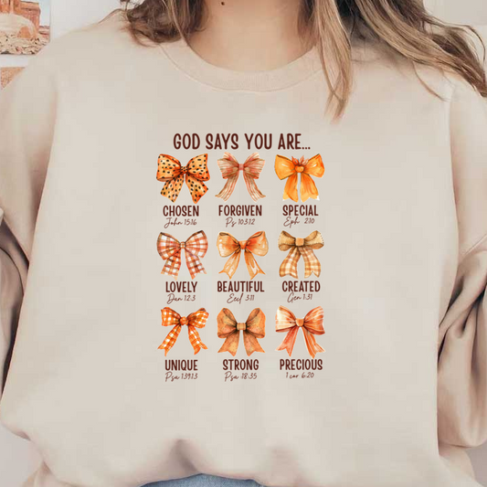 Este diseño caprichoso presenta lazos coloridos con afirmaciones edificantes, enfatizando mensajes como "Elegido", "Hermoso" y "Preciado".