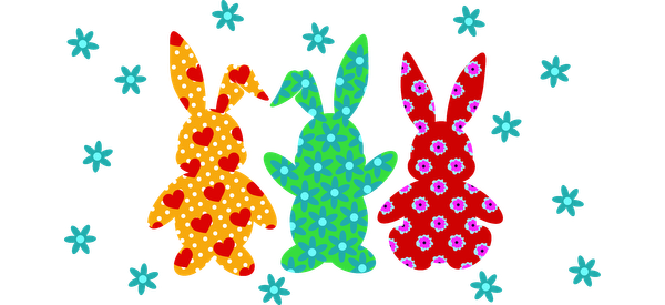 Colorful decorative bunnies in vibrant patterns stand together against a backdrop of cheerful, light-blue snowflakes.UV Transfersdtf regular iron