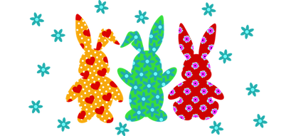 Colorful decorative bunnies in vibrant patterns stand together against a backdrop of cheerful, light-blue snowflakes.UV Transfersdtf regular iron