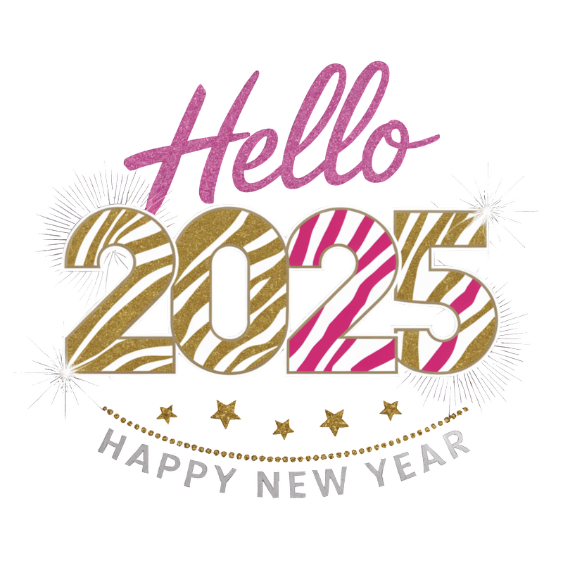 Celebrate the arrival of 2025 with this vibrant "Hello 2025" design featuring zebra stripes and festive elements!DTF Transfers