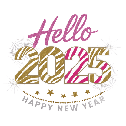 Celebrate the arrival of 2025 with this vibrant "Hello 2025" design featuring zebra stripes and festive elements!DTF Transfers