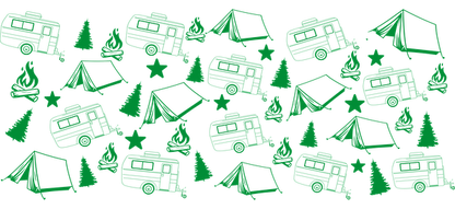 A whimsical pattern featuring green outlines of campers, tents, trees, and stars, perfect for outdoor enthusiasts and nature lovers.UV Transfers heat press transfers