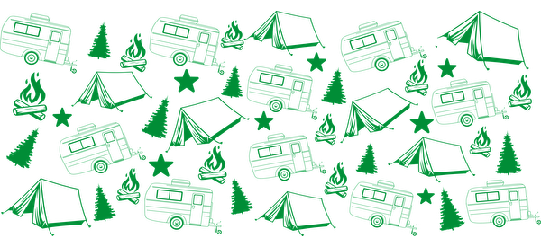 Enjoy a whimsical camping-themed pattern featuring green illustrations of trailers, tents, and trees, perfect for nature lovers!UV Transfers heat press transfers