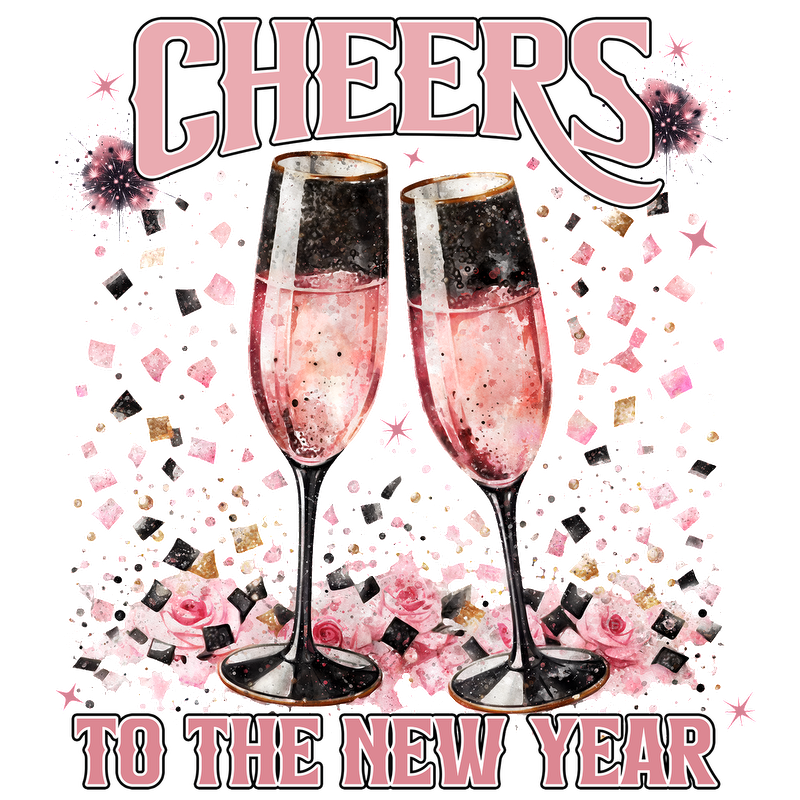 Celebrate the New Year with pink champagne in elegant flutes, surrounded by confetti and roses for a festive touch!DTF Transfers dtf transfers