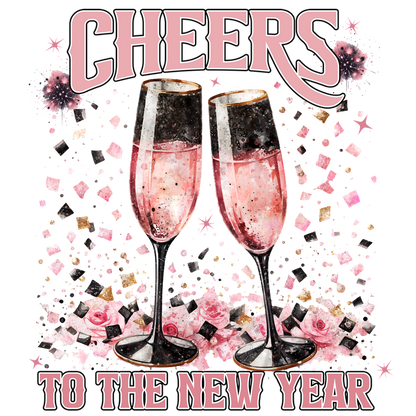 Celebrate the New Year with pink champagne in elegant flutes, surrounded by confetti and roses for a festive touch!DTF Transfers dtf transfers