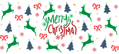 A festive Christmas pattern featuring reindeer, Christmas trees, and ornaments with the cheerful message "Merry Christmas."UV Transfers dtf prints