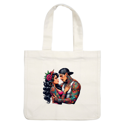 A vibrant tattooed couple shares an intimate moment, adorned with colorful body art and surrounded by lush floral accents.DTF Transfers heat press transfers