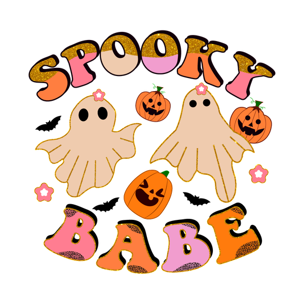 Celebrate Halloween with this playful "Spooky Babe" design featuring adorable ghosts and cheerful pumpkins! Perfect for festive fun! heat press transfers heat press transfers