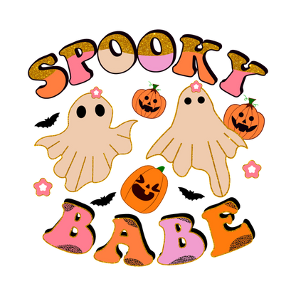 Celebrate Halloween with this playful "Spooky Babe" design featuring adorable ghosts and cheerful pumpkins! Perfect for festive fun! heat press transfers heat press transfers