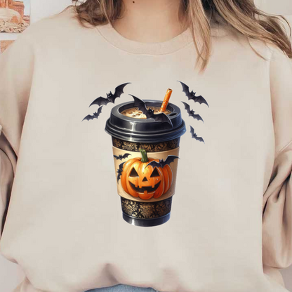 Una divertida taza de café con temática de Halloween que presenta un diseño de calabaza tallada y está rodeada de lindos murciélagos voladores.