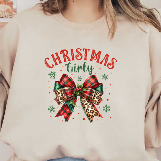 Festive "Christmas Girly" design featuring a vibrant plaid and leopard print bow, adorned with greenery and cheerful snowflakes.dtf regular iron