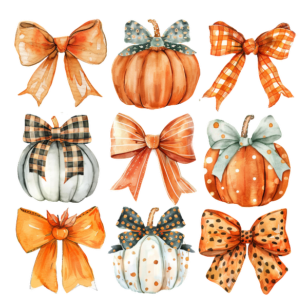 A charming collection of watercolor pumpkins and bows in autumn hues, featuring patterns like plaid and polka dots. heat press transfers