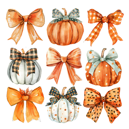 A charming collection of watercolor pumpkins and bows in autumn hues, featuring patterns like plaid and polka dots. heat press transfers