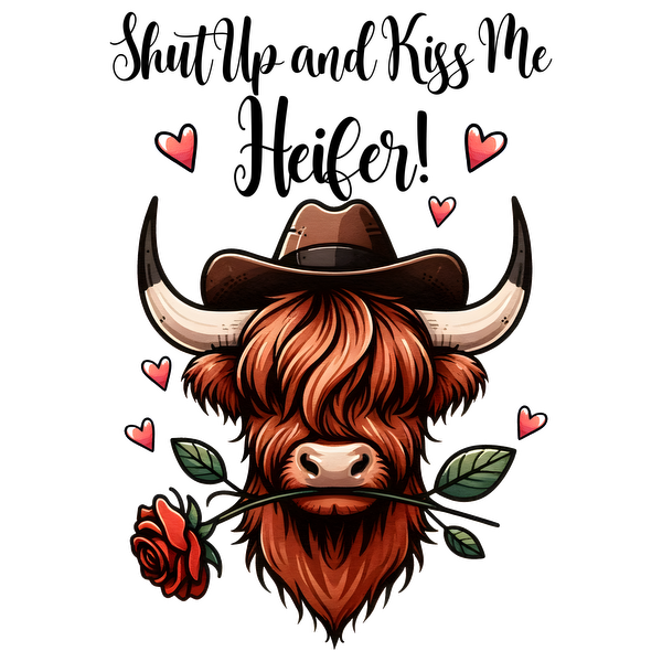 Una encantadora vaca de dibujos animados de las Highlands con un sombrero de vaquero, sosteniendo una rosa y rodeada de corazones caprichosos.