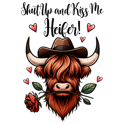 Una encantadora vaca de dibujos animados de las Highlands con un sombrero de vaquero, sosteniendo una rosa y rodeada de corazones caprichosos.