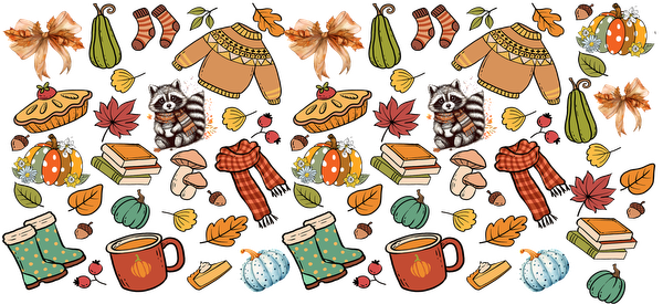 A delightful autumn-themed illustration featuring cozy sweaters, raccoons, pumpkins, leaves, and warm mugs, capturing the essence of fall.UV Transfersdtf regular iron