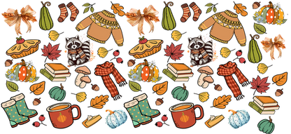 A delightful autumn-themed illustration featuring cozy sweaters, raccoons, pumpkins, leaves, and warm mugs, capturing the essence of fall.UV Transfersdtf regular iron