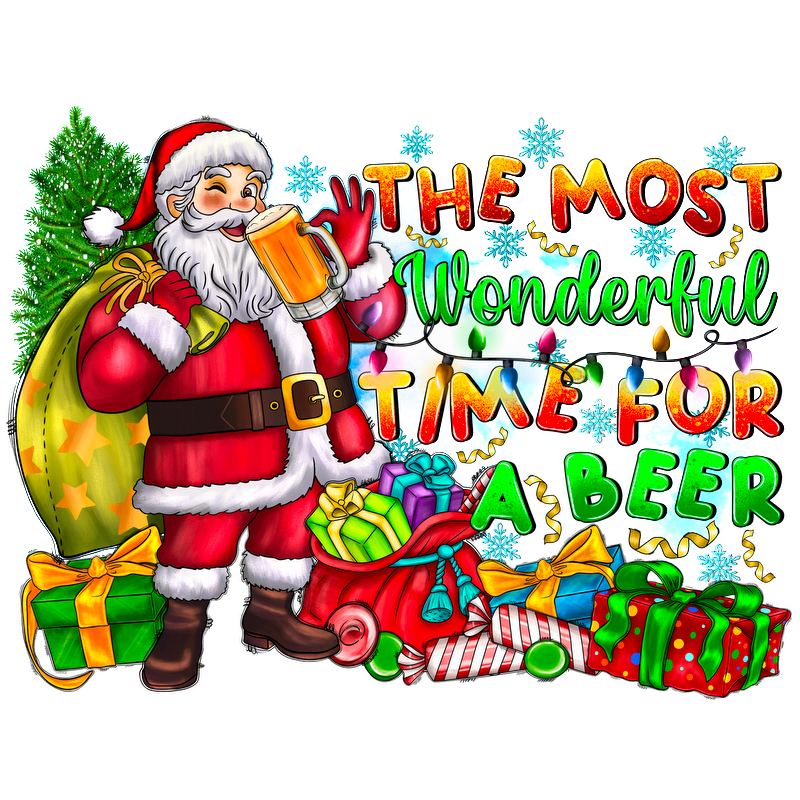 A festive illustration of Santa Claus cheerfully holding a beer, surrounded by colorful gifts and cheerful holiday decorations.DTF Transfers dtf prints