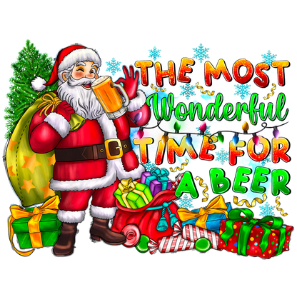 A festive illustration of Santa Claus cheerfully holding a beer, surrounded by colorful gifts and cheerful holiday decorations.DTF Transfers dtf prints