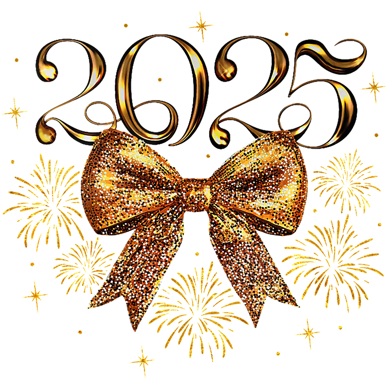 Celebrate the New Year 2025 with a sparkling golden bow and festive fireworks, perfect for any celebration!DTF Transfers dtf transfersdtf regular iron