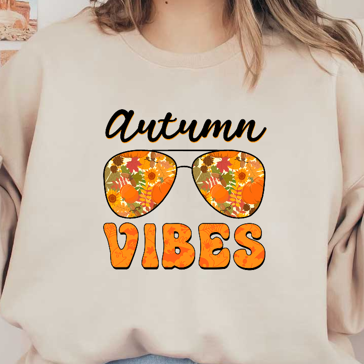 Fall-themed graphic featuring vibrant sunglasses filled with autumn leaves and pumpkins.DTF Transfers