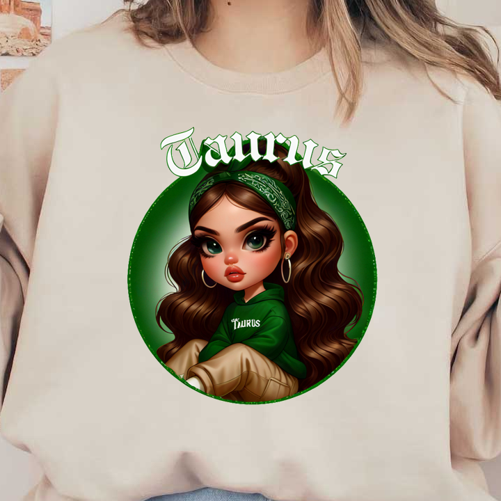 A stylish character illustration featuring a girl in a green hoodie and bandana, embracing the Taurus zodiac theme. dtf prints