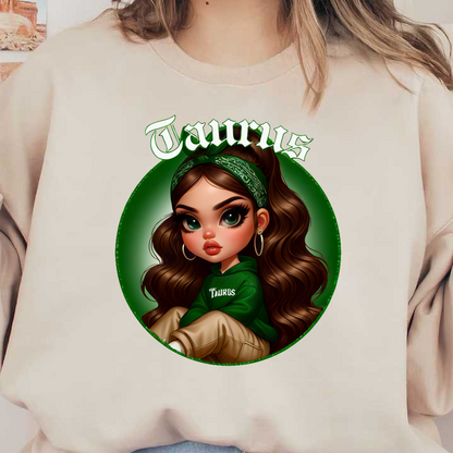 A stylish character illustration featuring a girl in a green hoodie and bandana, embracing the Taurus zodiac theme. dtf prints