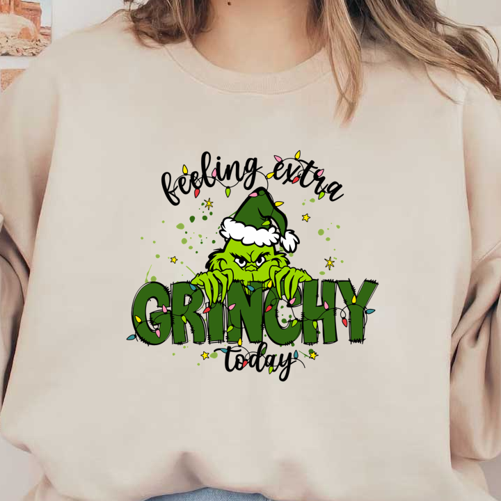 Celebrate the holidays with this playful Grinch-themed design, featuring vibrant colors, festive lights, and a mischievous grin!DTF Transfers dtf prints