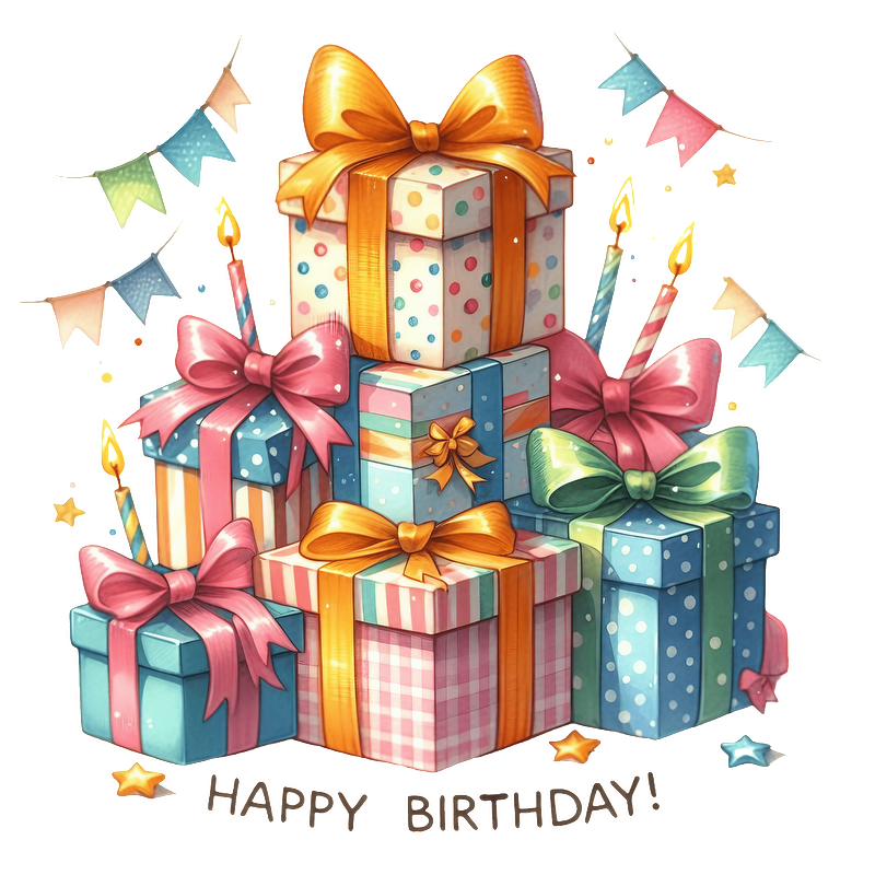 A cheerful stack of colorful birthday presents adorned with bows and candles, celebrating with "Happy Birthday!" at the base.DTF Transfers