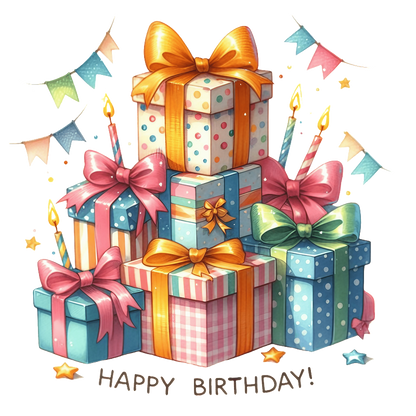A cheerful stack of colorful birthday presents adorned with bows and candles, celebrating with "Happy Birthday!" at the base.DTF Transfers