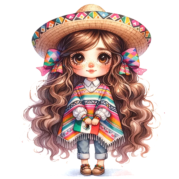 A cute girl in a colorful poncho and sombrero holds a Mexican flag, showcasing vibrant traditional attire. dtf prints