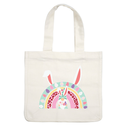Adorable Easter-themed design featuring a colorful rainbow with eggs, complemented by a cute gnome wearing bunny ears.DTF Transfers