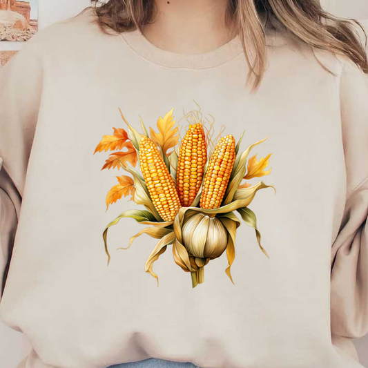 A vibrant illustration of three golden corn cobs surrounded by autumn leaves and husks, celebrating the beauty of fall harvest. dtf prints