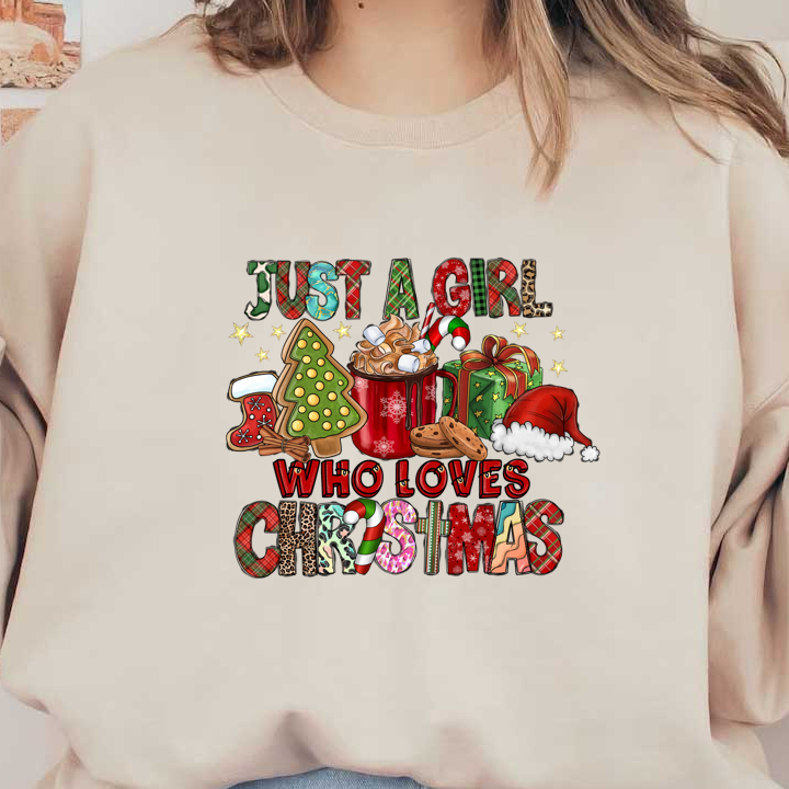 Celebrate the holiday spirit with this festive design featuring a girl who loves Christmas, complete with cookies, gifts, and decorations!DTF Transfers dtf prints