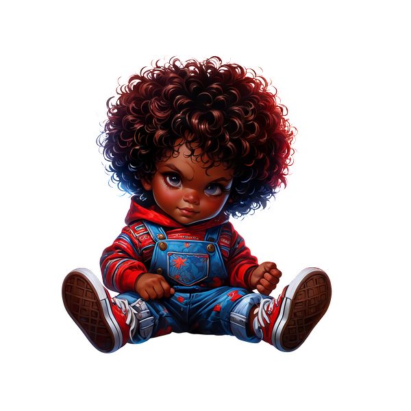 Un adorable niño de dibujos animados con cabello rizado, sentado con un mono colorido y una sudadera con capucha roja, que irradia una vibra juguetona.