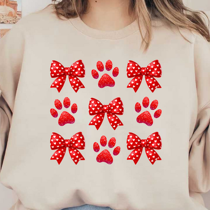 A vibrant pattern featuring red bows and paw prints with white hearts, perfect for celebrating love and pets!DTF Transfers