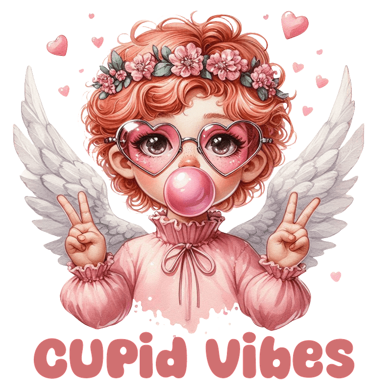 A whimsical angel with pink hair and wings holds up peace signs, surrounded by hearts, with a "Cupid Vibes" caption.DTF Transfers