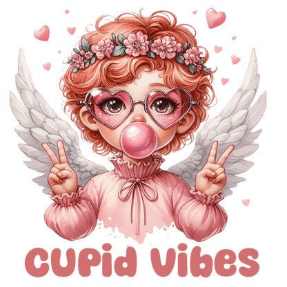 A whimsical angel with pink hair and wings holds up peace signs, surrounded by hearts, with a "Cupid Vibes" caption.DTF Transfers