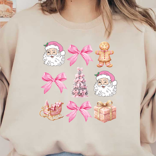 A festive collage featuring cute Santa illustrations, pink bows, a gingerbread man, a decorated Christmas tree, a sleigh, and a gift box. heat press transfers