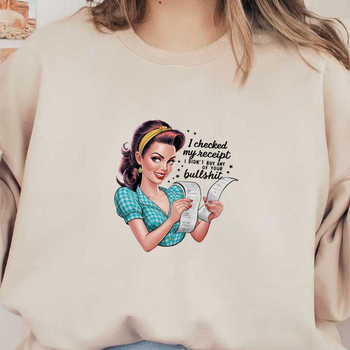 Una alegre ilustración de estilo retro de una mujer con una blusa a cuadros azules, sosteniendo alegremente recibos de compra.