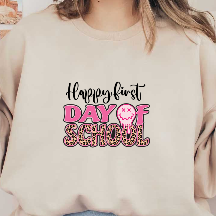 A vibrant and fun graphic design featuring the phrase "DAY OF SCHOOL" in pink and leopard print, perfect for back-to-school vibes!DTF Transfers