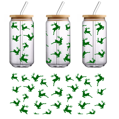 A lively pattern featuring jumping green deer silhouettes against a contrasting background, perfect for festive or nature-themed designs.UV Transfers dtf prints